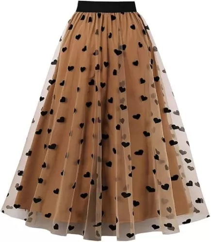 Heart Floral Long Tulle Skirts for Women Fairy Elastic High Waist Pleated A-Line Flared Midi Skirts Party Evening Tutu Skirt