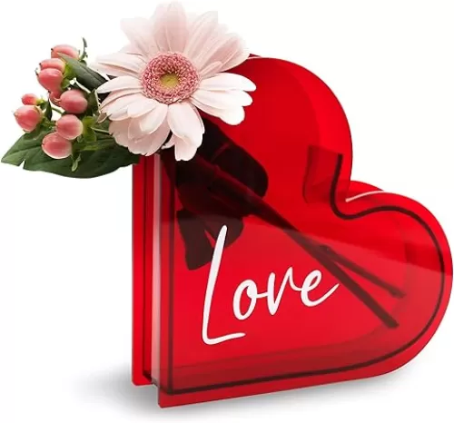 Heart Shaped Flower Vase Acrylic Red or Clear Love Word Design (RED)