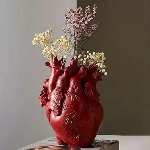 Heart Vase, Gothic Anatomical Resin Flower Pot Desktop, Human Heart Organ Shape for Dried Flower Arrangement on The Dining Table、Desktop Living Room Decoration (Red)