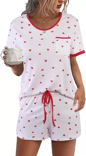Hilinker Women Heart 2 Piece Pajama Set Short Sleeve Top with Shorts Sleepwear Ribbed Lounge Sets White Red Heart X-Large