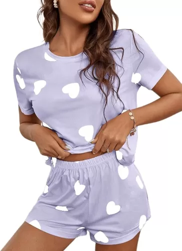 Hilinker Womens Cute Graphic 2 Piece Pajamas Short Sleeve Top with Shorts Loung Set Purple White Heart Medium