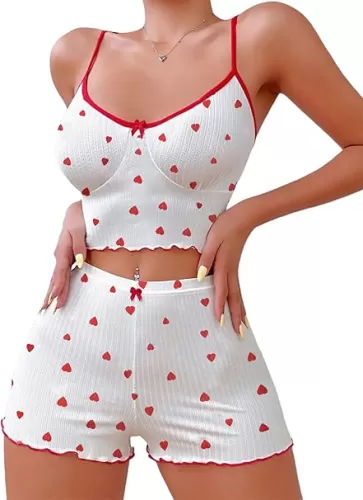 Hilinker Women's 2 Piece Heart Pajama Set Ribbed Cami Top and Shorts Sleepwear Cute Pjs Red Heart Large