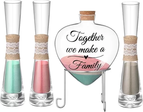Irenare Unity Sand for Wedding Ceremony Set Include 3 Wedding Ceremony Vase 3 Sand 1 Heart Bottle with Metal Stand, Cork Stopper for Engagement Anniversary (Light Color, Fresh)