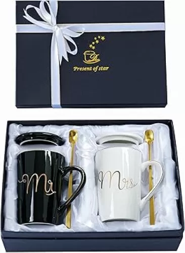 Jumway Mr and Mrs Coffee Mugs Set - Unique Wedding Gifts For Bride and Groom - His and Hers Anniversary Present Husband and Wife -Engagement Gifts For Him Her For Parents for Valentine's day