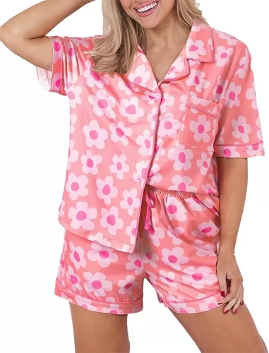KevaMolly Womens Pajama Sets Pink Flower Print Buttoned Drawstring Waist Lounge Set Short Sleeve Top and Shorts