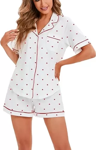 LUBOT 100% Cotton Pajamas for Women 2 Piece PJ Set Button-Down Soft Knit Short Sleeve Summer Sleepwear Loungewear XS-XXL