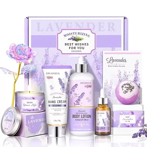 LUCOTIYA Lavender Spa Gift Set for Her, Hand Cream, Lavender Essential Oil, Body Butter , Lavender Scented Candle, Bath Bombs, Soap