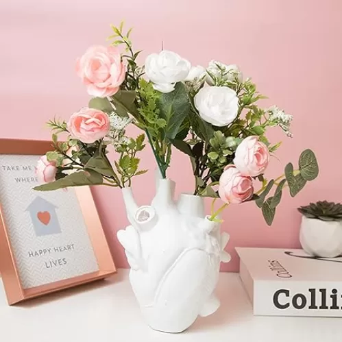 MANMAOHE White Anatomical Heart Vase Resin Flower Pot Desktop Ornament Heart Shaped Vases for Flowers Hearts Sculptures Home Decor, 4.3x6 Inch