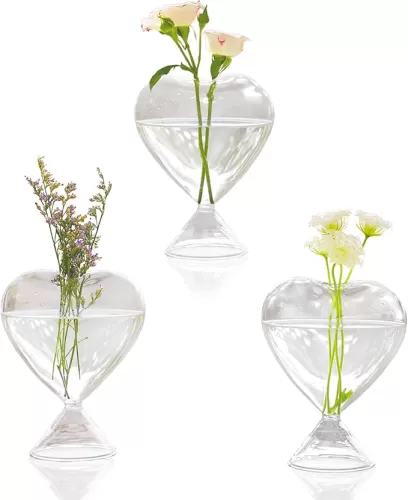 Nacome Small Glass Bud Vases for Flowers: Birthday Gifts for Wife Women Mom Garden Lovers- Set of 3 Heart Plant Terrarium for Wedding Centerpiece Table Office Indoor Home Decor