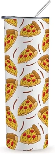 Onebttl Pizza Gifts for Pizza Lover Women, Seamless Pizza Pattern, Gift for Coworkers, Sisters, 20oz Skinny Tumbler with Lid and Straw, White