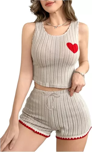 OYOANGLE Women's 2 Piece Ribbed Knit Pajama Set Heart Crop Tank Top and Drawstring Shorts Lounge Sets