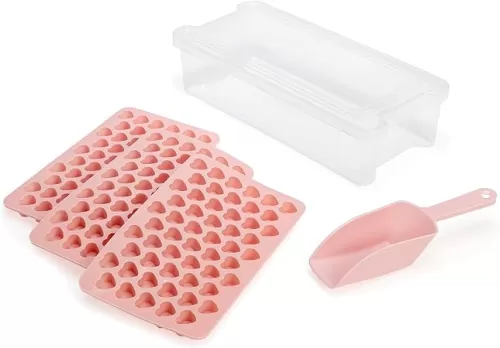 Paris Hilton Heart Shaped Mini Ice Cube Tray Set, Includes 3 Mini Ice Cube Molds, Ice Bin Storage Container with Lid and Ice Scoop, Made without BPA, 6-Piece Set, Pink