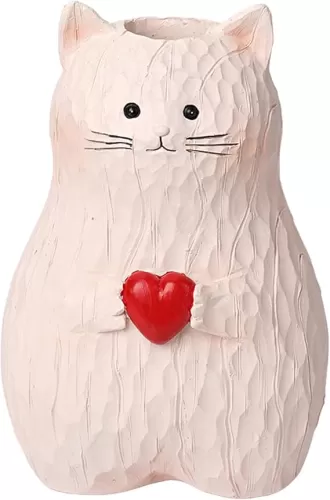Pink Cat Vase - Small Resin Heart Vase, Renter Friendly Decor for Bedroom, Shelf & Living Room, Unique Gift