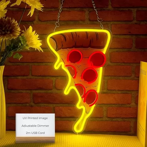 Pizza Neon Sign for Wall Decor, Premium UV Printed Led Neon Light With 2 Meter USB Cord, Dimmable Pizza Sign for Restaurant, Pizzeria Decoration, Food Truck and Pizza Gifts (Pizza 2, Food (Small))