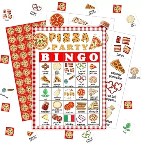Pizza Party Bingo Games, Pizza Birthday Party Bingo Cards, Pizza Party Supplies Decorations Favors, Pizza Lovers Gifts, Pizza Themed Party Games for Adults Family, 24 Bingo Cards, B003