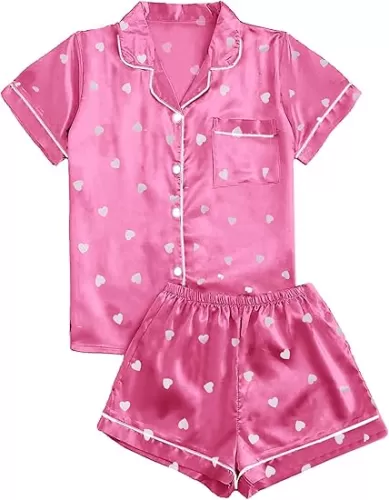 Remidoo Women's Short Sleeve Button Down Satin 2 Piece Pajama Set Sleepwear