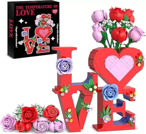 Romantic Love Heart Vase Building Set - 1216 Pcs Rose Flower Bouquet Building Kit for Adults - Creative Anniversaries Gifts for Women & Men, Unique Valentine’s Day Gifts for Her Him