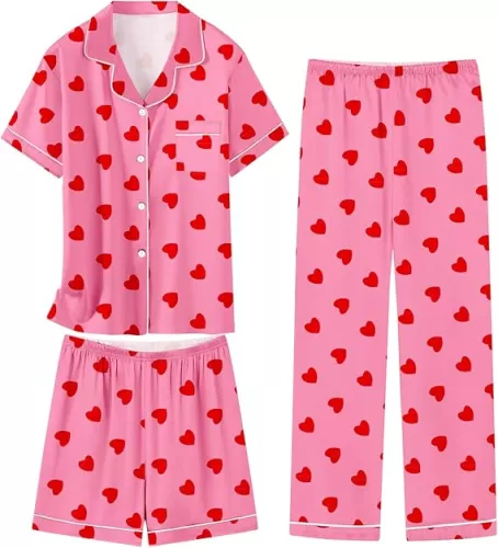 Schbbbta Girls 3 Pieces Pajamas Sets Silk Satin Sleepwear Button Down Short Sleeve Pjs Outfits