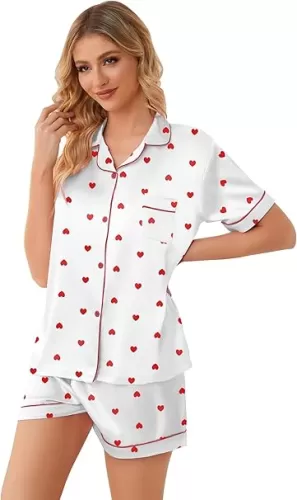 Schbbbta Women Pajamas Set, 2 Pieces Satin Silk Button Down Pjs Short Sleeve Outfits Loungewear