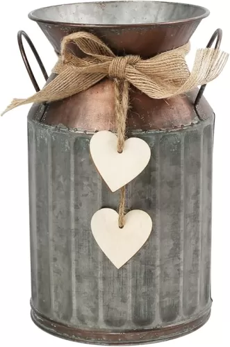 Shabby Chic Classy Designed Brown Milk Can Heart-Shaped Galvanized Finish Metal Vase Country Rustic Primitive Decorative Flower Holder, 8.4" H