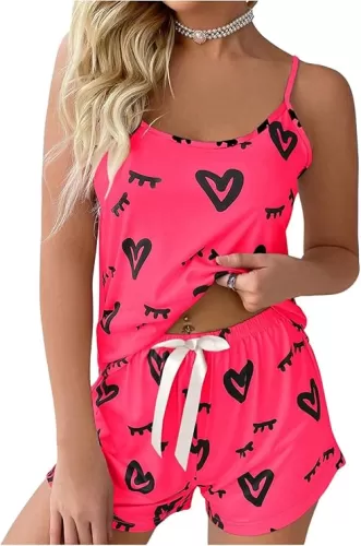 SOLY HUX Cute Pajama Sets for Women 2 Piece Heart Print Sleepwear Cami Tops and Shorts Summer Loungewear