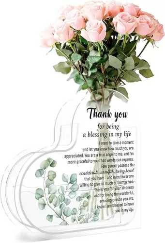 Thank You Gifts Heart Flower Vase, Acrylic Appreciation Gifts for Women Men Friends Mom, Greenery Vase Decor for Home, Office, Bedroom-D19
