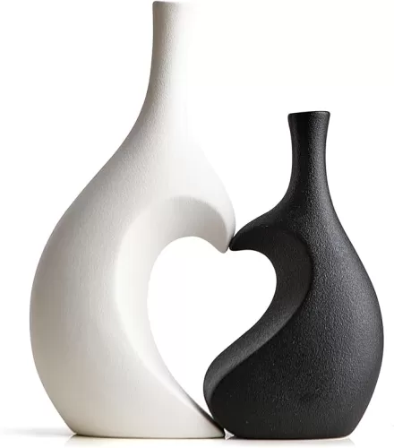 Unique Heart Shaped Vase: Set of 2 Black and White Heart Shaped Vase for Home Decor Minimalist Modern Decorative Vases for Living Room Dining Room Table Coffee Table Centerpiece Shelf Decoration