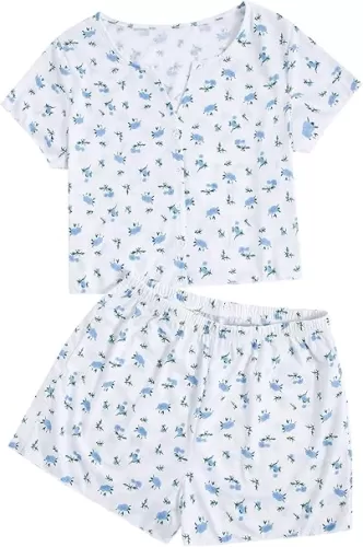 Verdusa Women's 2 Piece Lightweight Cute Pajamas Short Sleeve Ditsy Floral Button Loungewear Matching Pj Sets