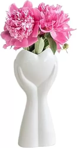 White Ceramic Flower Vase Cute Hand Holding Heart Shaped Vase for Boho Home Décor, Unique Nordic Modern Minimalism Art Vases for Living Room Wedding Party Office Table Centerpieces 9" High