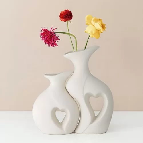 White Ceramic Vase Hollowed Heart Flower Vase Set for Modern Nordic Boho Home Decor, Aesthetic Vase for Table Centerpiece, Wedding, Living Room, Bookshelf, Office, Entryway, Console, Fireplace(Matte)
