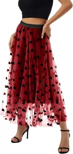 Women Tutu Tulle Skirt Elastic High Waist Layered Skirt Floral Print Mesh A-Line Midi Skirt