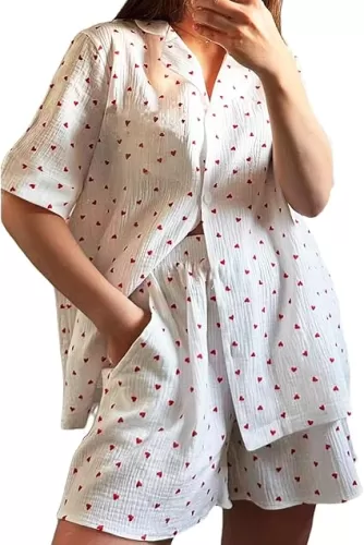 Women Y2k Pajamas Set Cute Heart Rabbit Short Sleeve Button Down Shirt Silk Satin Pjs Shorts Set Preppy Sleepwear