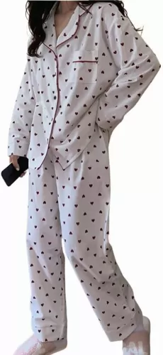 Womens Cotton Flannel Pajama Set Cute Heart Pjs Long Sleeve Button Down Shirt and Long Pants Warm Sleepwear