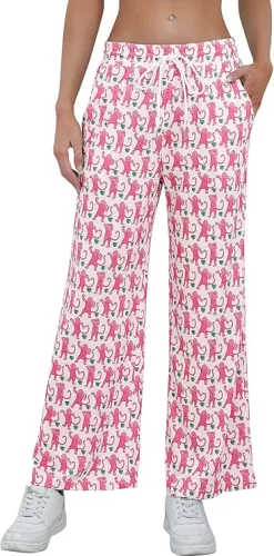 Womens Cute Funny Monkey Heart Pajama Pants Y2K Anime Cartoon Pj Pants Soft Drawstring Wide Leg Sleep Pajama Bottoms