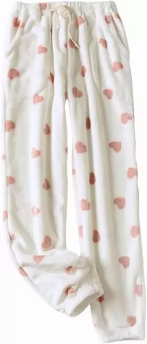 Womens Fuzzy Pajama Pants Cute Heart Sleep Lounge Bottoms Comfy Soft Long Pj Pants with Pockets