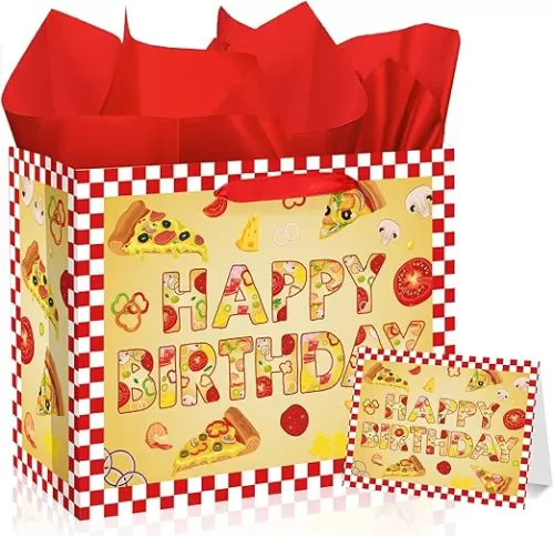 Woosytoo Pizza Birthday Decorations Bag Large Pizza Happy Birthday Paper Bag with Tissue Paper Card Pizza Bday Party Supplies for Kids Festival Bday Cooking Italy Theme Party Supplies