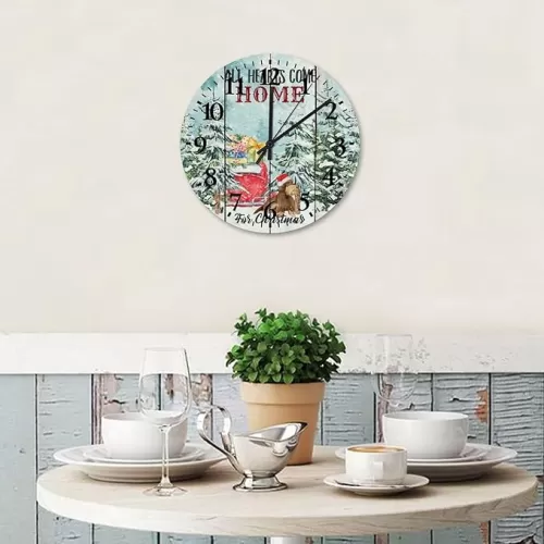 12 Inch All Hearts Come Home for Christmas Wooden Wall Clock Battery Operated Dog Retro Home Decor Clock Arabic Numeral Round Clock for Kids Room and Kitchen
