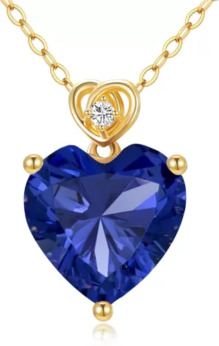 14k Gold Love Heart Gemstone Birthstone Necklaces for Women 3 Carat Heart-cut Created Birthstone Anniversary Birthday Mother's Day Pendant for Her 16+1+1 inch