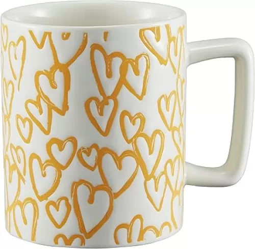 14oz/400ml Porcelain Coffee Cup, Ceramic Large Tea Cup Milk Mug, Large Capacity Belly Mug with Heart Shaped Pattern Design, Use for Latte, Cappuccino, Gifts for Couple, Dishwasher&Microwave Safe(Yellow)