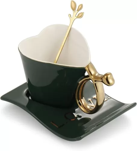 160ml Ceramic coffee cup and Saucer set with Spoon tea mug Heart shaped special tea cups (Green)