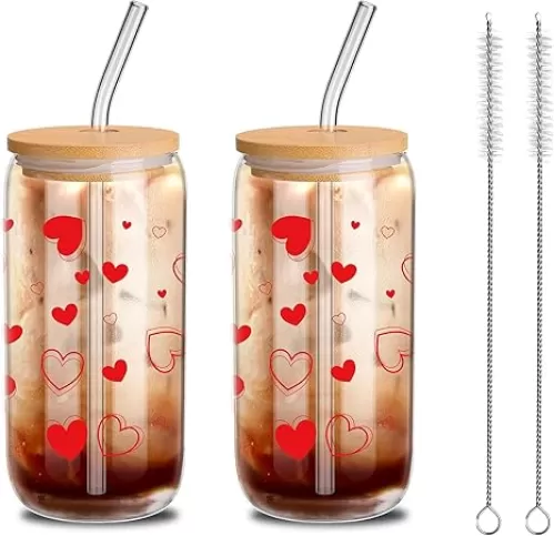 2 Pack Hearts Iced Coffee Cups 16 oz Valentine‘s Day Glass Cups with Bamboo Lids and Straws Valentines Day Drinking Heart Cup for Mother Wife Women Wedding Birthday(Red)