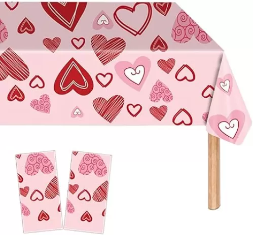 2 Pack Valentines Day Plastic Tablecloths Love Heart Plastic Table Covers Disposable Table Cloths BBQ Picnic Pink Table Cloth Wedding Party Waterproof TableCloth Valentines TableCovers 54 x 108 In
