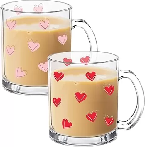 2 Pcs Heart Glass Iced Coffee Cups Heart Mugs with Handle 12 oz Cute Drink Conversation Couple Gifts Mothers Day Birthday Bridal Shower Valentines Christmas Gifts for Him/her Women Girls