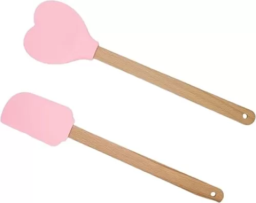 2PCS Silicone Shape Spatula Heart Shaped Silicone Spatulas with Wooden Handle Non-stick Heat-Resistant for Stirring Baking Cooking Kitchen Utensil