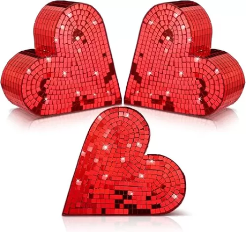 3 Pcs Disco Heart Table Decorations 4.7" Glitter Heart Shaped Decor Disco Mirror Heart Table Centerpiece for Anniversary Wedding Mother