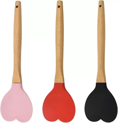 3 Pcs Silicone Spoon with Heart-shaped Wooden Handle, Multi-purpose Household Non-stick Kitchen Cooking Tools for Baking, Cooking, Mixing, Scraping, and Stirring