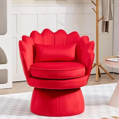 360° Swivel Accent Chair, Mid-Century Modern Velvet Barrel Chair, Comfy Shell Shape Arm Chair with Lumbar Pillow for Living Room, Bedroom, Office, Rose Red