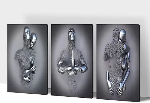 3D Metal Effect Wall Art, Love Heart Gray 3D Art Wall, Silver 3D Art Wall Decor for Modern Living Room, Valentine's Day Romantic Hugging Canvas Wall Art for Couples Master Bedroom 12"x18"x3Pcs