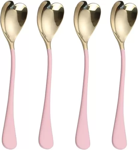 4 Pieces Dessert Spoons, 6.7 inches, Pink Heart Shaped, 18/10 Stainless Steel Ice Cream Spoons