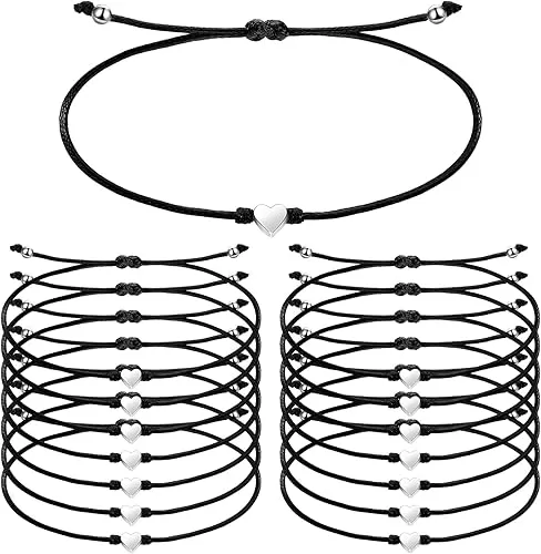 48 Pieces Heart Matching Bracelets for Friend Heart String Black Adjustable Handmade Promise Bracelet for Friendship Couples Women Girls Gifts